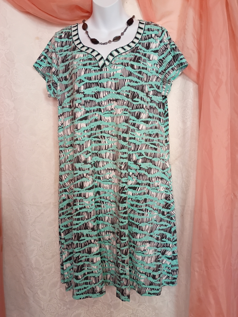 Kate Landry Mint and Black Patterned Midi Dress M